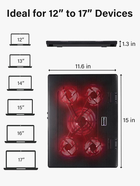 Kootek Laptop Cooling Pad with 5 Quiet Fans - Height Adjustable Laptop Cooler for 12"-17" Gaming Laptop, Red