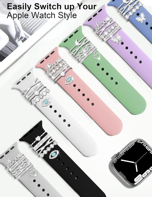 JR.DM 11-Pcs Super Bling Watch Charms with 9-Pcs Decorative Rings, Compatible with Apple Watch Band Accessories