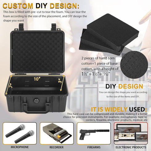 Protective Hard Case Shockproof Water-resistant with Customized DIY Foam Insert for Camera, 11 X 9.5 X 5-Inch