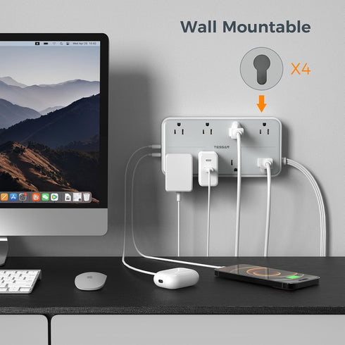 TESSAN Power Strip Surge Protector 10 FT with 8 Outlets and 3 USB Ports (1 USB C), Wall Mountable Charging Station