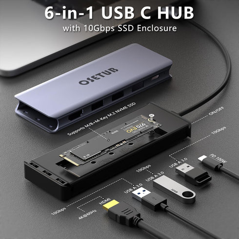 USB C Hub M.2 NVMe SSD Enclosure, 6 in 1 Multiport Adapter with 4K/60Hz HDMI, 10Gbps USB 3.0, 100W PD
