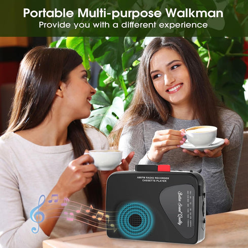 Walkman Cassette Players AM/FM Radio, Portable Tape Player with Built-in Speakers, Manual Record, 2AA Battery or DC 5V
