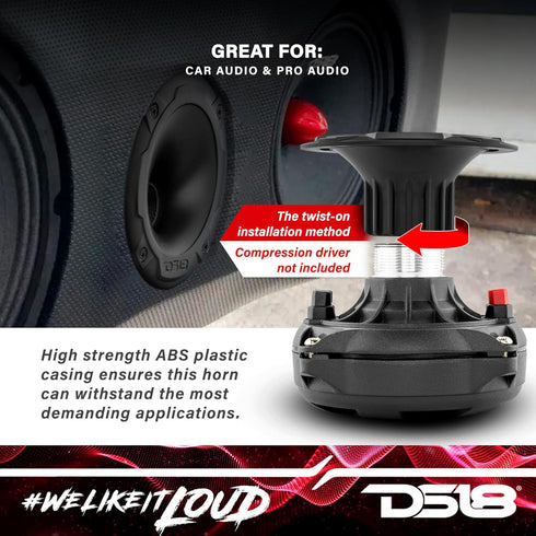 DS18 PRO-HT1 Twist on Slim Profile Exit Horn for Drivers with 1" Throat, Short Exit Horn Wave Guide