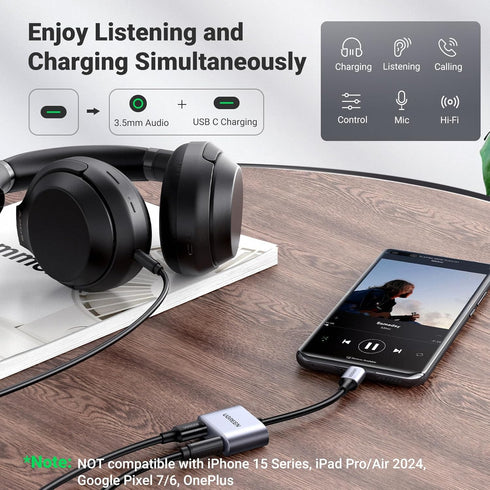 UGREEN USB C to 3.5mm Headphone and Charger Adapter 2 in 1 Type C to Aux Audio Jack with PD 60W Fast Charging Dongle for Headphone Earbud Compatible with Samsung S24/23 Ultra iPad Pro Air