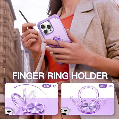 IDweel iPhone 15 Pro Max Case: 2-in-1 Shockproof with Screen Protector, 360° Ring Holder, Camera Lens Protector, Purple.