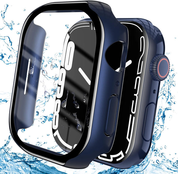YMHML Waterproof Blue Case for Apple Watch Series 8/7 45mm, Tempered Glass Screen Protector, Slim Bumper