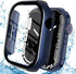 YMHML Waterproof Blue Case for Apple Watch Series 8/7 45mm, Tempered Glass Screen Protector, Slim Bumper