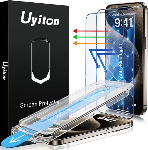 Uyiton Anti-Blue Light Screen Protector for iPhone 15 Pro, Unbreakable Glass, Easy Fit Full Coverage, Scratch