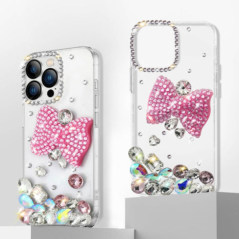 iPhone 15 Case - Pink Bling Diamond Glitter Rhinestone, 3D Bowknot, Cute Sparkly Gem, Luxury Fashion, Clear Protective.