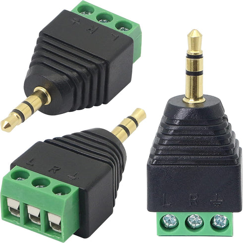 GELRHONR 3.5mm 3 Pole Screw Terminal Converter - TRS Stereo Male to AV 3 Screw Terminal Solderless Block (3-Pack)