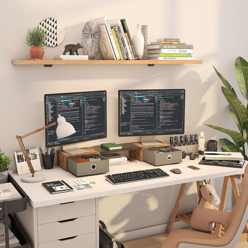 WESTREE Dual Monitor Stand Riser with Two Drawers, Extra Large Storage for 2 Monitors, Desktop Organizer