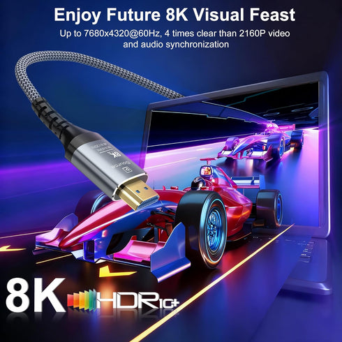 8K 6FT, 48Gbps 2.1 8K@60Hz 4K@120Hz HDR10/HDCP2.2&2.3/eARC/3D PS5, Fiber Optic HDMI Cable Ultra High Speed Long HDMI