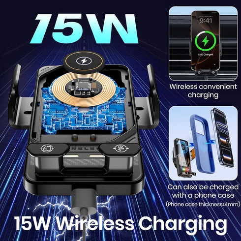 Keledz Wireless Car Phone Charger Holder, Smart Auto-Clamping Fast Charging Car Phone Holder with Atmosphere Lights