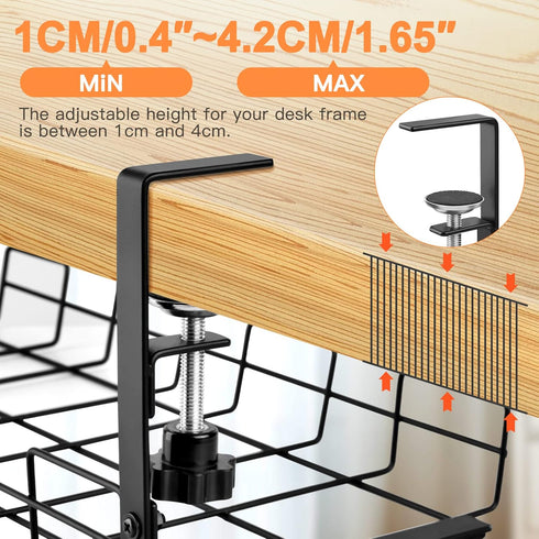 No Drill Cable Management Tray Under Desk, 2 Pack 15.7" Clamp to Desk, Sturdy Metal Rack for Home Office