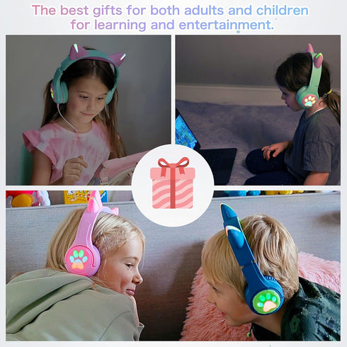 Riwbox CF9 Cat Ear Kids Bluetooth Headphones with LED Light, Safe 85dB Volume Limit, Built-in Mic for Calls (Green)