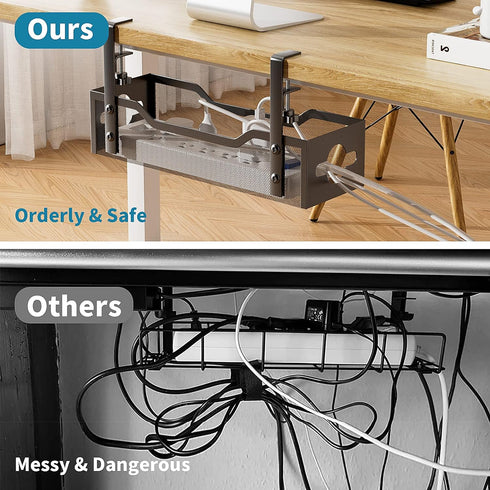 Under Desk Cable Management Tray 2 Pack, No Drill Desk Cable Organizer with Clamp for Standing Desk Wire Management