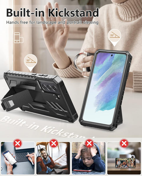 Samsung Galaxy S21-FE Protective Case: Dual-Layer Military Grade Drop Proof Cover with Kickstand | Rugged Shockproof