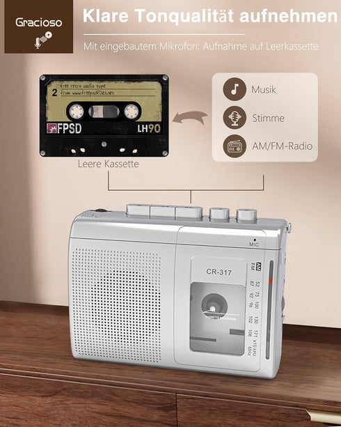 Gracioso Portable Cassette Player Recorder with Bluetooth Transmitter, AM FM Walkman with Headphone Jack, Big Speaker,