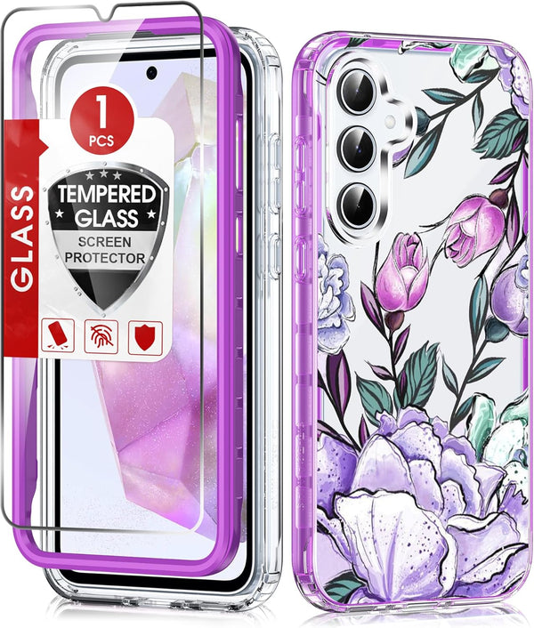 LeYi Dual Layer Exquisite Cute Flower Floral Pattern Full Body Protective Rugged Shockproof Case for Samsung Galaxy