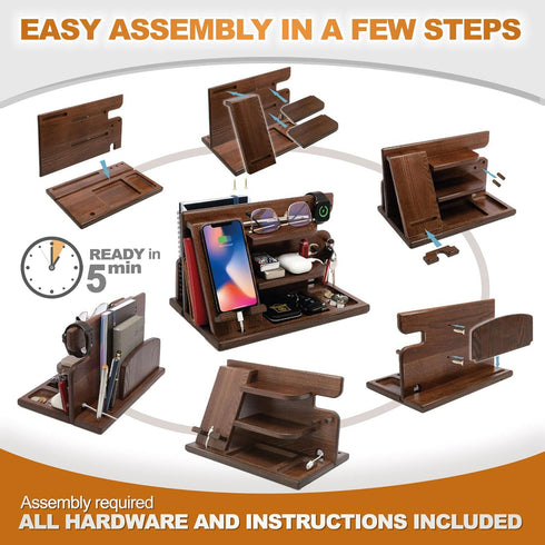Wood Phone Docking Station, Ash Key Holder Wallet Stand Watch Organizer for Men, Anniversary Gift Idea, Brown