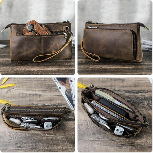 Portable Compact Travel Tech Kit, Electronic Organizer Zipper Bag, Handmade Top Grain Leather Pouch Fits Phone, USB
