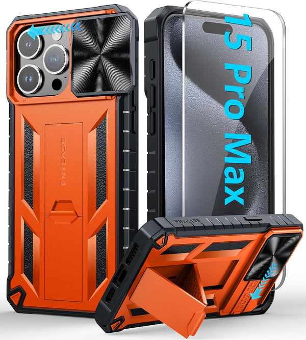 FNTCASE iPhone 15 Pro-Max Case, Military Grade Drop & Shock Protection with Kickstand, Rugged Textured Heavy Duty