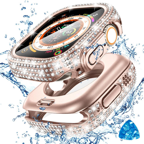 Tensea 2 in 1 Waterproof Case for Apple Watch Ultra2/Ultra 49mm, Hard PC Diamond Bumper with Tempered Glass Film, Bling