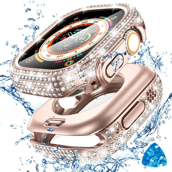 Tensea 2 in 1 Waterproof Case for Apple Watch Ultra2/Ultra 49mm, Hard PC Diamond Bumper with Tempered Glass Film, Bling
