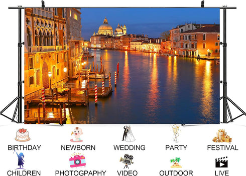 UPXIO 10x7ft Venice Grand Canal Night Backdrop Golden Lights Basilica Illumination Scenery Photo Background Tapestry