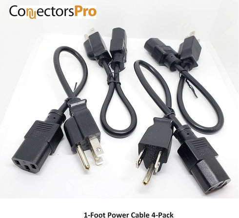 1 Foot 4 Pack Universal Short Power Cable Cord 18 AWG - 12 Inches IEC320 C13 to NEMA 5-15P