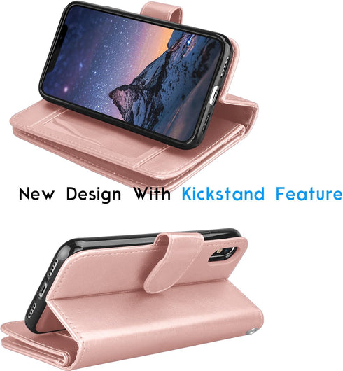 Tekcoo Luxury Wallet Case for iPhone Xs/iPhone X, Rose Gold PU Leather Flip Cover with Detachable Magnetic Hard Case
