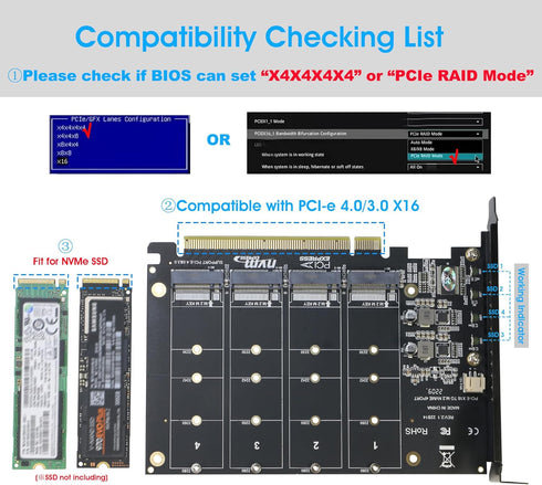 Quad NVMe PCIe Adapter, RIITOP 4 Ports M.2 NVMe SSD to PCI-e 4.0/3.0 x16 Card with Fan Support