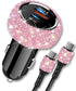 Bling USB C Car Charger, 48W PD + QC Dual Port Fast Charging Adapter with 3.2FT USB Type-C Cable (Pink)