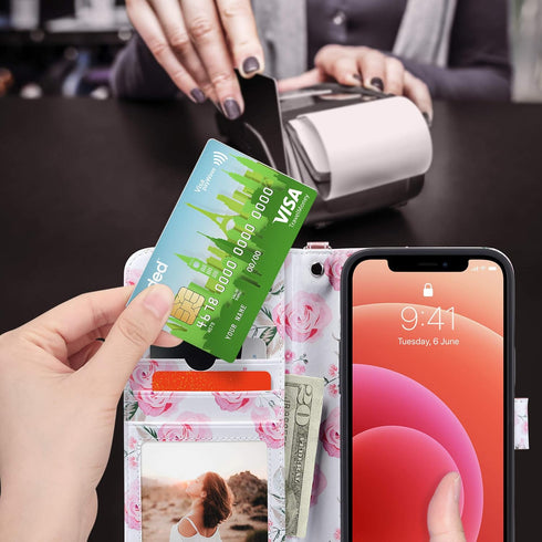 ULAK Compatible with iPhone 12 Pro Max Wallet Case - PU Leather Case with Card Holder, Kickstand, Wrist Strap, Rose Gold
