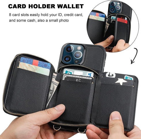 Bocasal RFID Blocking Wallet Case for iPhone 13 Pro Max, Adjustable Crossbody Zipper Purse with Kickstand, Black