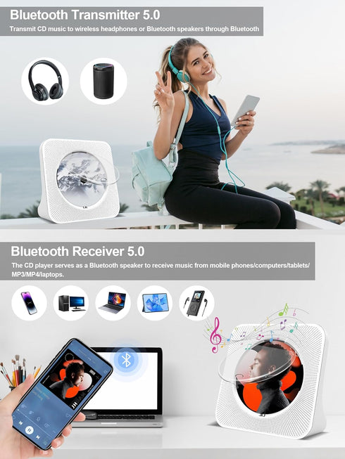 Jimwey Portable CD Player with Bluetooth, HiFi Speakers, FM Radio, Remote Control, LED Display, Supports