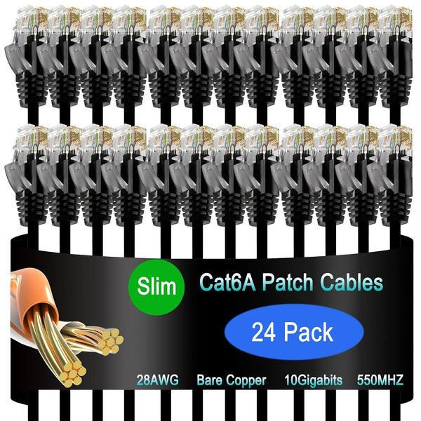Lysymixs Cat6a Slim Ethernet Patch Cable 1 ft (24 Pack), Cat6a Patch Cable
