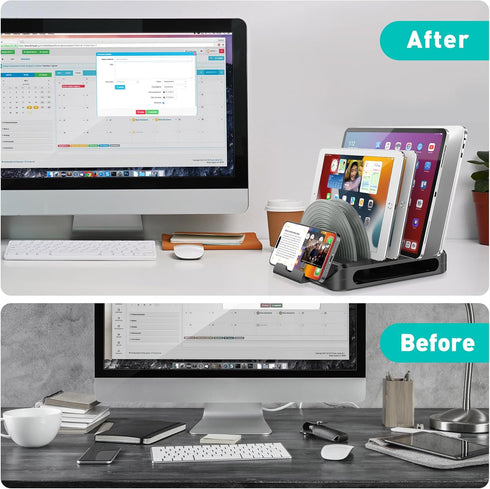 Vertical Laptop Stand for Desk, Adjustable Multi-Device Organizer with 6 Dividers, Removable Phone Stand, Black