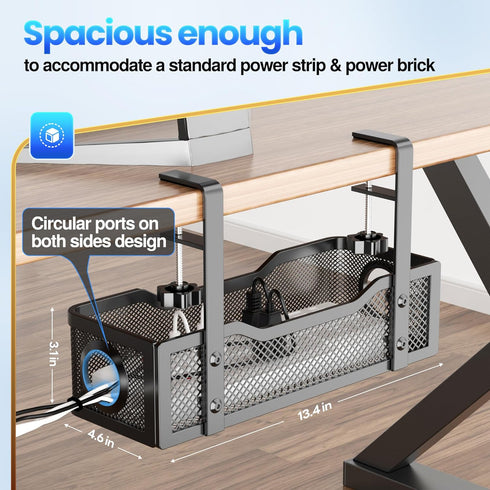 Under Desk Cable Management Tray, No Drill Cable Management Box with Clamp for Desk Wire Management - Black