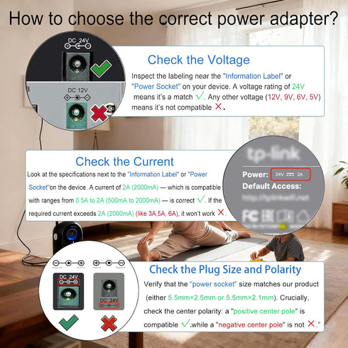 Gilivier 24V 24V 6.2FT 100-240V 50/60Hz 24Volt 48W 2A 1.5A 1A 0.5A 5.52.5mm&14 Power Supply AC Adapter DC Power Cord