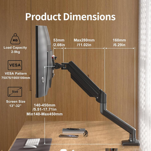 suptek 13-32 inch, 4.4-19.8lbs, 75x75/100x100mm Single Monitor Arm Mount for Adjustable Gas Spring Monitor Arm Desk