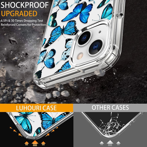 LUHOURI Case for iPhone 13 Mini - Crystal Acrylic Clear with Screen Protector, Slim Fit Floral Blue Butterflies
