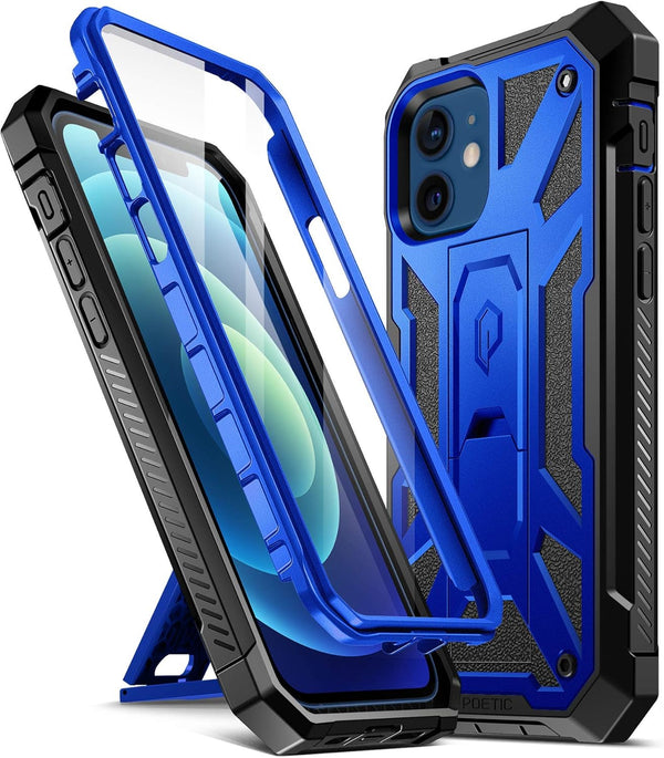 Poetic Spartan iPhone 12/iPhone 12 Pro Case, Full-Body Rugged Dual-Layer Shockproof Cover with Kickstand, Metallic Blue