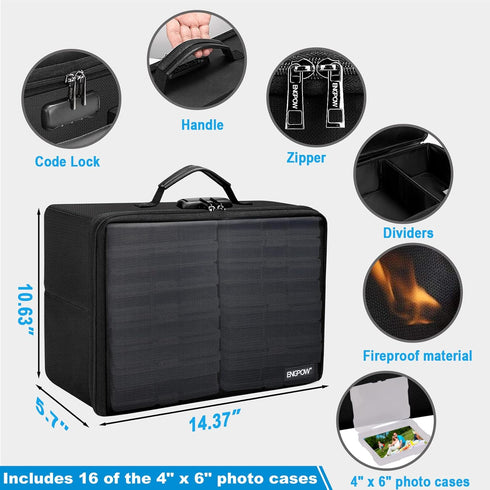 ENGPOW Fireproof Photo Storage Box with 16 Inner Photo Cases - Collapsible Portable Organizer with Lock and Handle