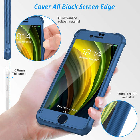 ORETECH iPhone 7 Plus & 8 Plus Case with 2 x Tempered Glass Screen Protector, Anti-Slip Hard PC + Soft TPU - Blue