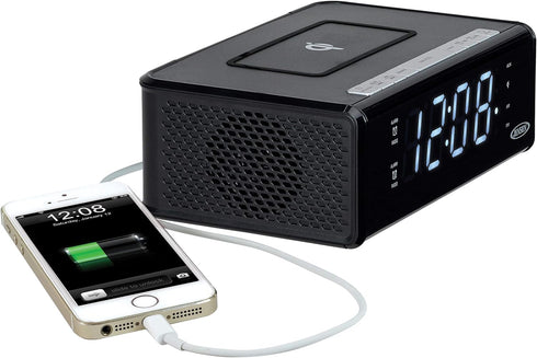 Jensen QiCR-200 Dual Alarm Clock Radio with Qi Charging, White, 9.40in. x 5.00in. x 3.00in.