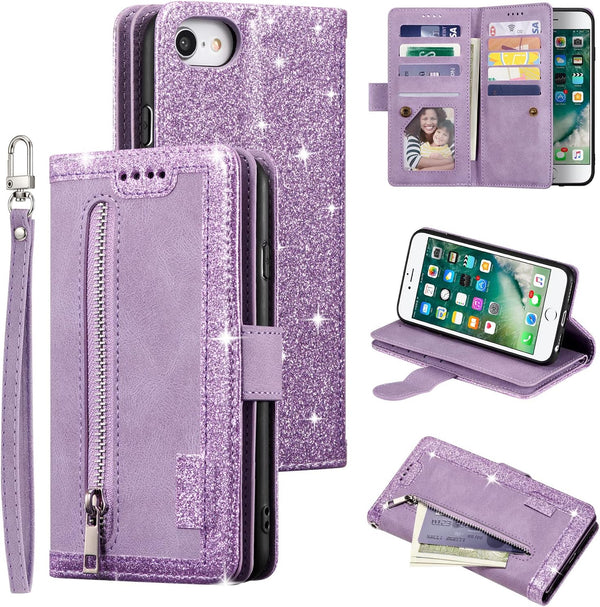 UEEBAI Wallet Case for iPhone SE 2022 5G/7/8, Retro Zipper Pocket Handbag with 9 Card Slots - Glitter Purple