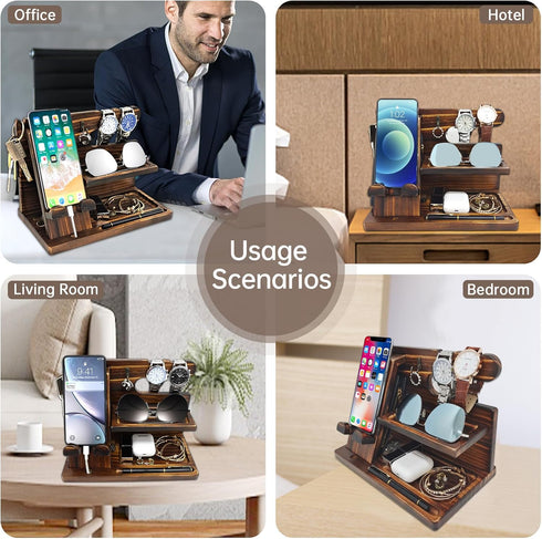 Phone Organizer Birthday Gifts for Men, Wood Docking Station, Nightstand Organizer for Desk, Brown