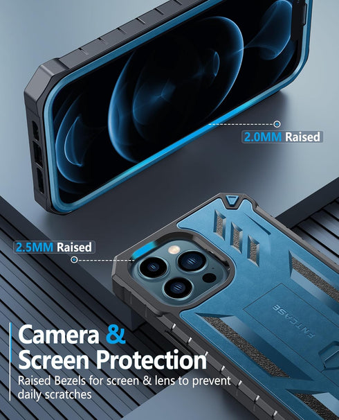 FNTCASE iPhone 12 Pro Max Case: Rugged Shockproof TPU, Military Grade Drop Protection, Kickstand, Matte Blue Cover.
