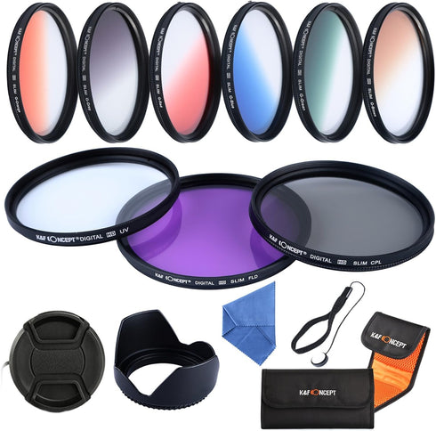 K&F Concept 62mm 9pcs Filter Kit: UV Protector, Circular Polarizing Filter, Microfiber Lens Cleaning Cloth, Petal Lens